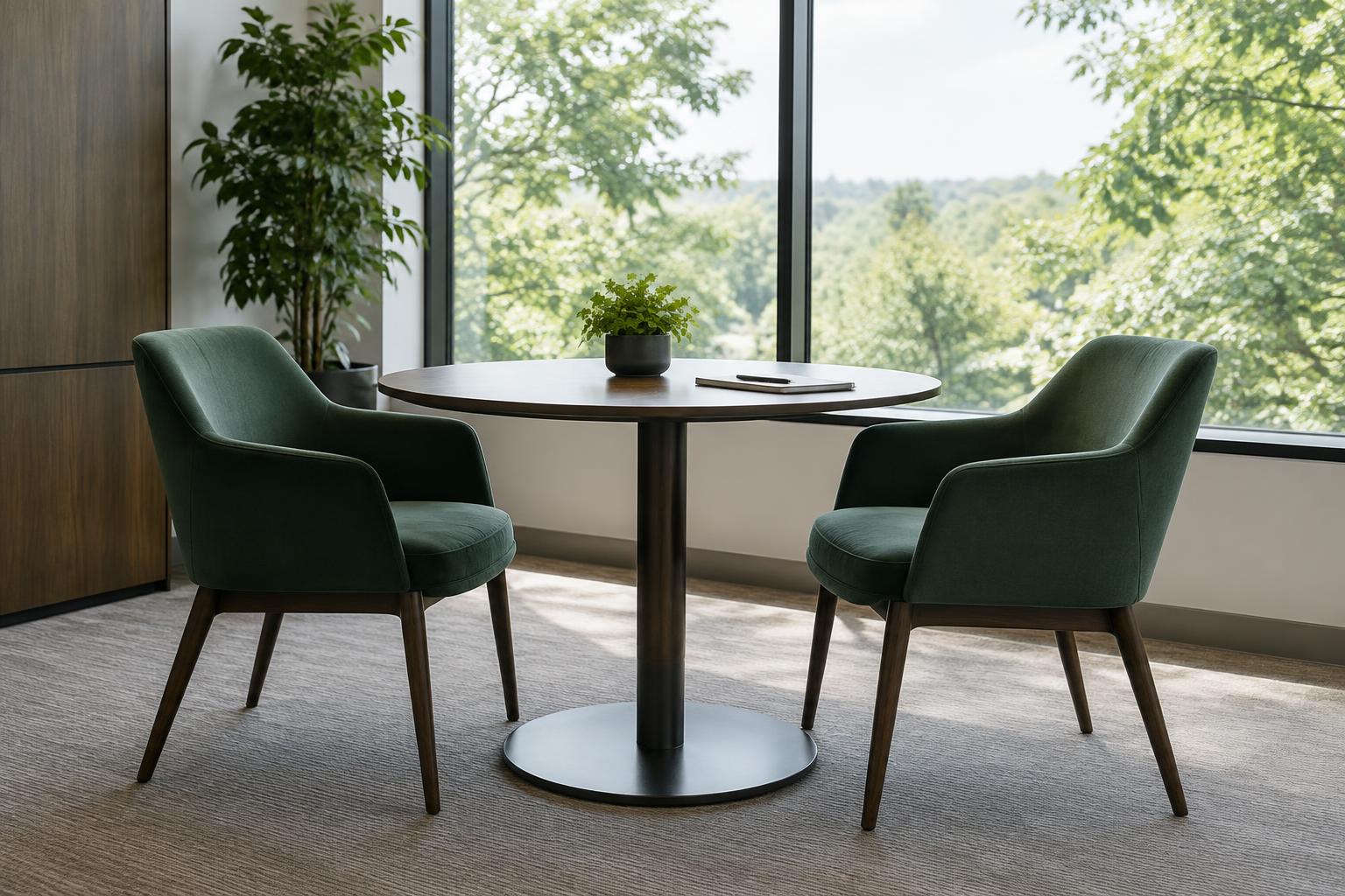 Two green chairs beside a meeting table in a bright executive office