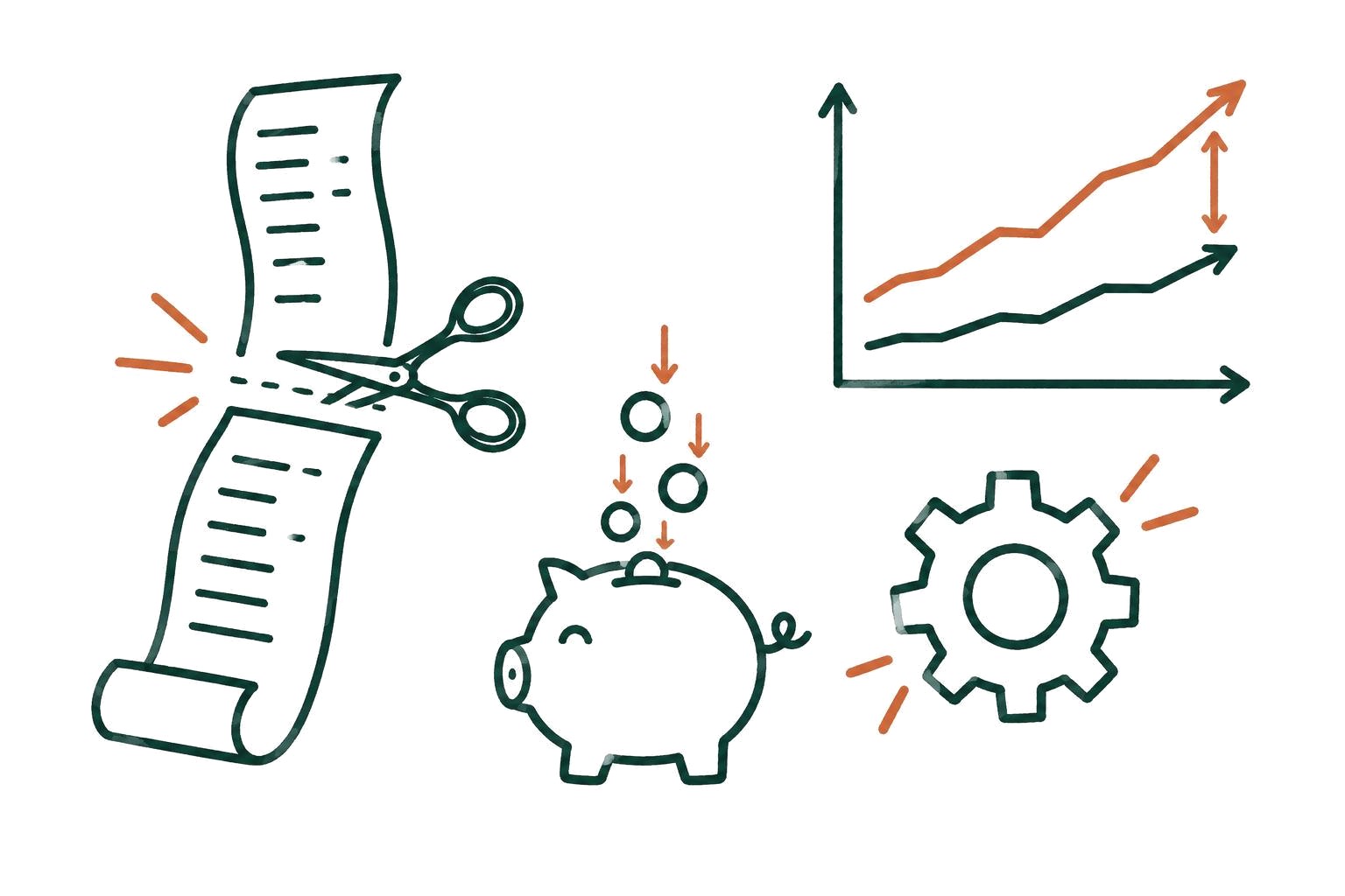 Hand-drawn sketch of scissors trimming a cost receipt beside a piggy bank and rising chart