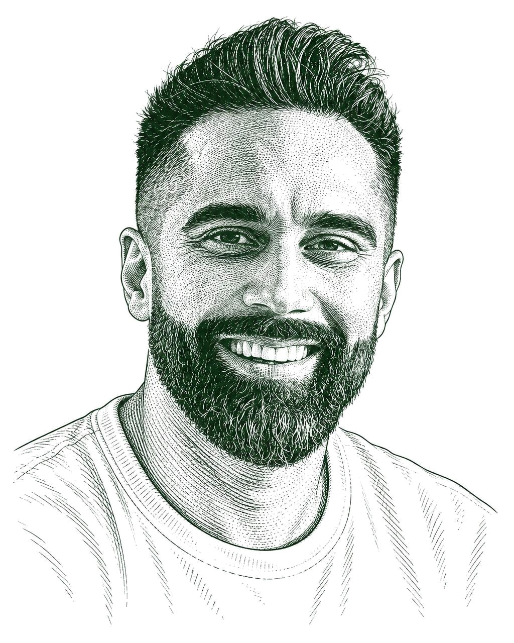 Pen and ink portrait sketch of Samir Mian