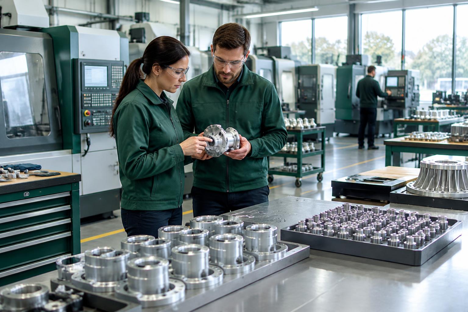 Engineers inspecting precision components on a manufacturing floor